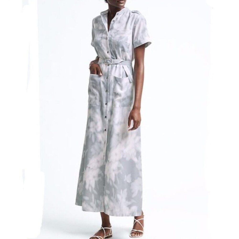 Banana Republic - Button-Up Maxi Dress Mandarin Collar, XS: Cloud Watercolor